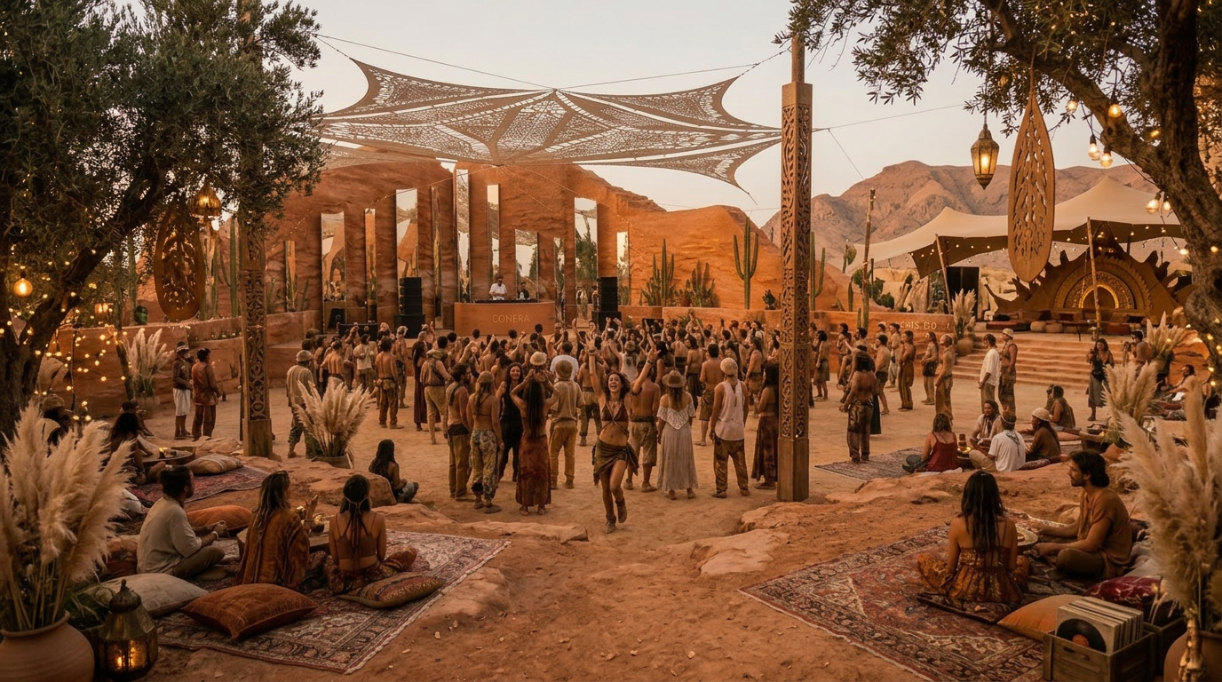 Cohera festival - a boho desert clearing at golden hour